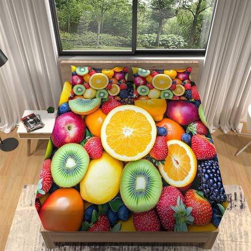 Spannbettlaken Verschiedene Früchte Bunt, Weich Atmungsaktivem Spannbetttuch aus Mikrofaser, Boxspringbett-Bettlaken mit tiefer Tasche 30 cm für alle Jahreszeiten 160 x 200 cm