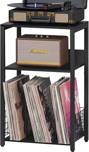 LELELINKY supporto per dischi a 3 livelli, tavolino vintage per scaffali in vinile, tavolo per giradischi con spazio di archiviazione per un massimo di 100 album,Nero