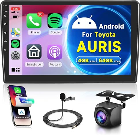 4G+64G Wireless Carplay Android Autoradio 2 Din für Toyota AURIS 2006-2011 10.1 Zoll Autoradio mit Android Auto Navi GPS WiFi Mirror Link Bluetooth FM/RDS Radio 32 EQ Lenkradsteuerung Rückfahrkamera