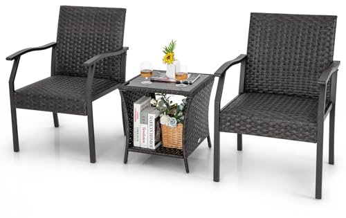 GYMAX 3-teiliges Gartenmöbel-Set, Balkonmöbel Set inkl. Beistelltisch mit Tischplatte aus gehärtetem Glas & Rattanstuhl mit gepolstertem Sitz, Sitzgruppe Outdoor für Balkon, Terrasse & Veranda