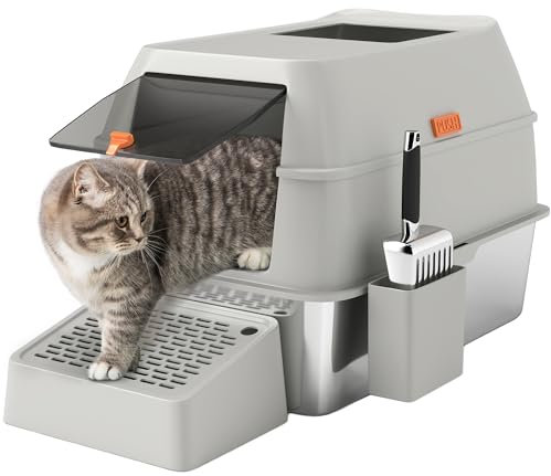 PawHut Arenero para Gatos Cubierto de Acero Inoxidable Caja de Arena para Gatos con Paso de Salida y Pala de Acero Inoxidable Gris Claro