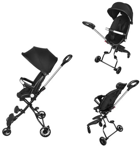Homewell leichter Kinderwagen, geeignet von 6 Monaten bis 4 Jahren, mit schwarzem Sonnensegel, Vordere und hintere Pedale, Schiebegriff höhenverstellbar (Schwarz)