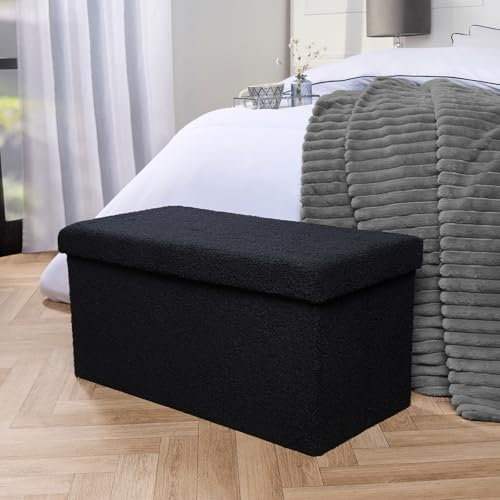 OHS Ottoman Storage Box, Bouclé Rectangle Padded Foldable Bench with Hidden Storage Stylish & Functional Upholstered Footrest for Living Room & Bedroom, Black