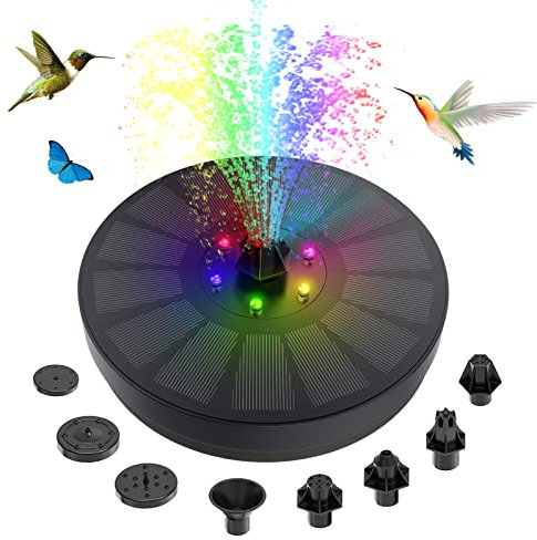 Solar Springbrunnen, 3W Solar Teichpumpe mit 8 Fontänenstile & 4 Feste Wasserleitungen, Schwimmender Solarbrunnen mit 6 Bunten LED Leuchten für Vogeltränke Garten Teich Fischbecken Aquarium