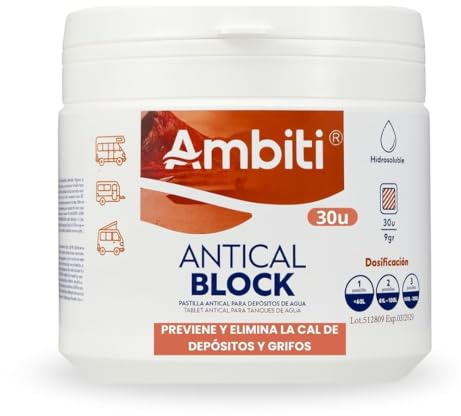 Ambiti | Antical Block | Tabletas para Eliminar y Prevenir la Cal en Depósitos de Agua Limpia, Grises y Grifos | Fragancia Canela | Mejora la Calidad del Agua | 30 Pastillas de 9 gr