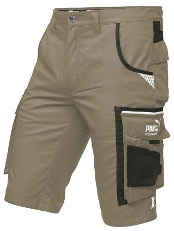 PUMA Workwear Precision X - Kurze Arbeitshose Herren - Robuste & Flexible Arbeitsshorts - Viele Taschen und Bequeme Passform - Ideal für Handwerk Heimwerk und Baugewerbe - Braun/Schwarz, Gr.: 62
