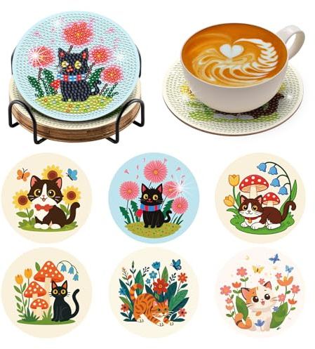 BNG Diamond Painting Untersetzer Katze Mit Halter, 6 Stück DIY Bastel Untersetzer für Erwachsene, Kunstmalerei Sets für Frauen, Anfänger, Diamant Bastelzubehör