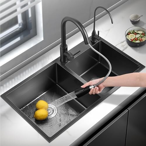 Moderne schwarze Edelstahl-Küchenspüle – Doppeltes rechteckiges 2 Becken, multifunktionales integriertes Design mit Korbfilter und herausziehbarem Wasserhahn