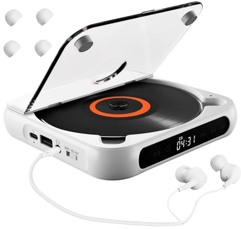 Tragbarer Player -X - 5.3 Discman Kopfhörer, persönliche Player mit Anti-Spring-Funktion, wiederaufladbarer 2000 mAh Akku | Compact Disc Player für Reisen, Zuhause, Sprachenlernen, min