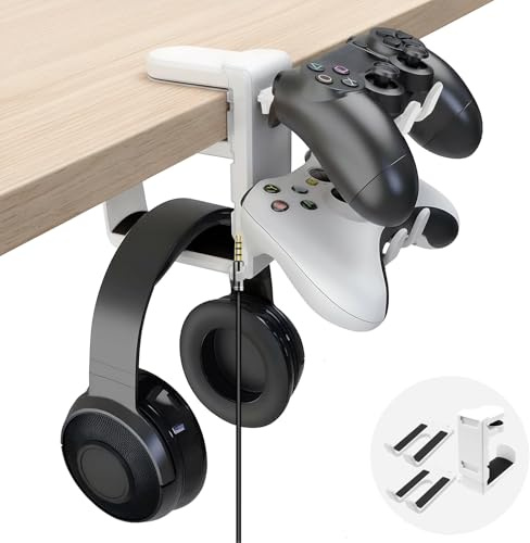 Yiomxhi 2 in 1 Porta Cuffie Gaming Supporto per Controller, Supporto Cuffies da Scrivania Rotazione a 360° con Organizer per Cavi, Cuffie Gancio Controller Stand (Bianco)