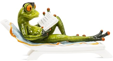 Home of Christmas Frosch Figuren | Lustige handbemalte Dekofigur Polyresinoriginelle | Geschenkidee für Sammler & Humor-Fans (Frosch auf Einer Liege mit einem Buch / 19x10x6 cm)