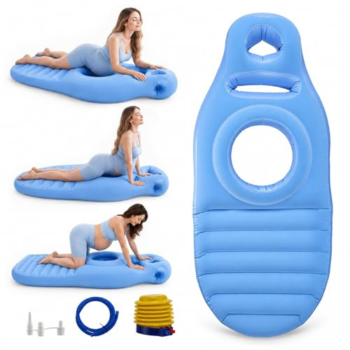 Coussin Gonflable de Grossesse Tapis de Yoga pour Femmes Enceintes Trou | Matelas Gonflable Floqué Confortable, Oreiller de Couchage Grossesse, Soutien Complet du Corps (Bleu)