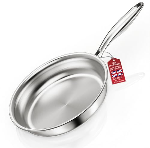 gaobaidu 3 Layer Stainless Steel Frying Pan，Fast & Even Heat,Uncoated Stainless Steel,All Cooktops Compatible Up to 400℃ (30CM)