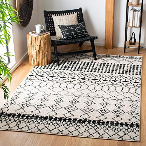 SAFAVIEH Boho Teppich für Wohnzimmer, Esszimmer, Schlafzimmer - Tulum Collection, Kurzer Flor, Elfenbein und Schwarz, 122 X 183 cm
