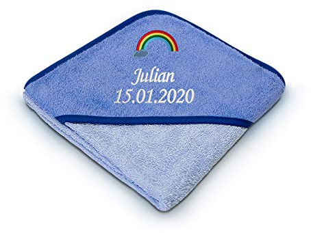Direkt-Stick.de Baby Kapuzenhandtuch mit Namen und Geburtsdatum Bestickt, 80x80 cm, 100% Baumwolle, Kapuzenbadetuch mit Stickerei, personalisiertes Geschenk Babyhandtuch (blau)