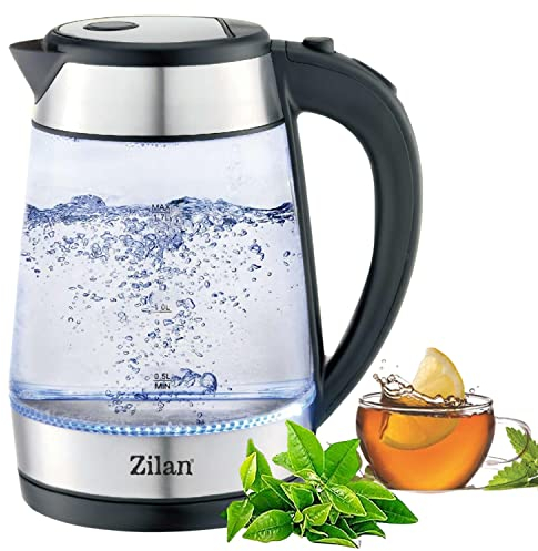 Zilan, Bouilloire en verre et acier inoxydable - 2200 W - 1,7 l - Éclairage LED bleu - 360 ° - Filtre anti-calcaire - Sans BPA - Kettle - Purificateur d'eau - Bouilloire à thé