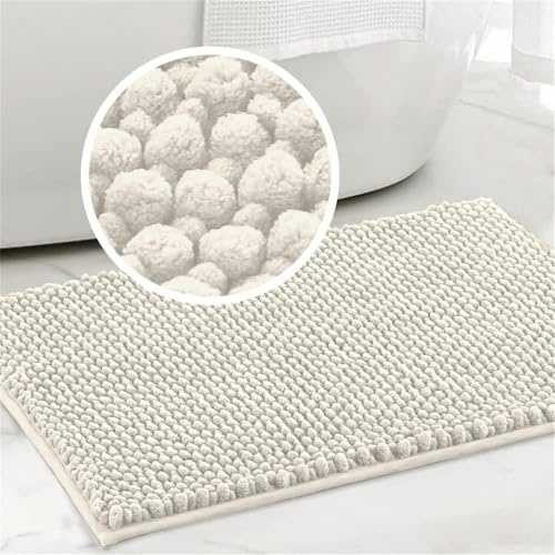 LINGKY Tapis de Bain, Antidérapant Tapis de Douche, Absorbant Tapis de Bain à Poils en Chenille Douce, Tapis pour Salle de Bain et Chambre, Lavable en Machine (Ivoire,50 x 80 cm)