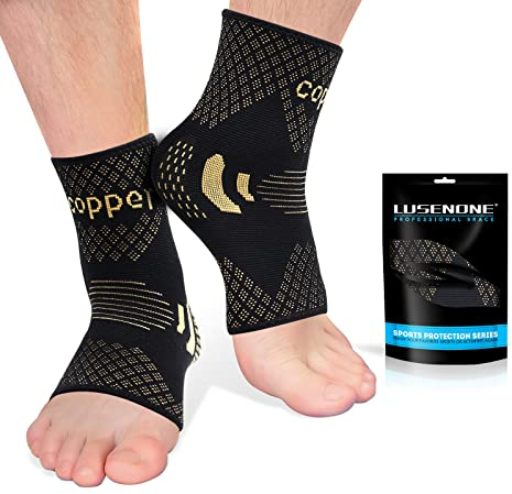 Lusenone Kupfer Sprunggelenkbandage 2 Stück, Fußbandage für Damen/Männer, Kompressionssocken Knöchelbandage für Plantarfasziitis, Arthritis, Verstauchte Knöchel,Achillessehne,Gelenkschmerzen,Sport, M