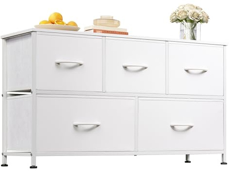 WLIVE Wide Dresser for Bedroom, 5 Drawer Chest of Drawers, White