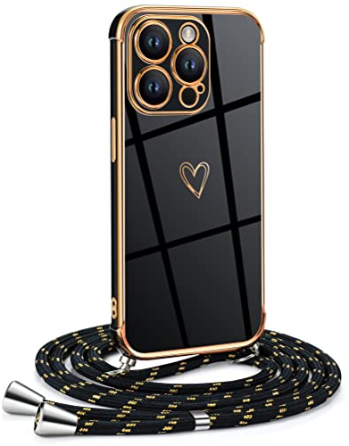 Mkej Frauen Mädchen Handykette Kompatibel mit iPhone 11 Pro Max - Silikon Hülle mit Band - Handyhülle für iPhone 11 Pro Max Herz Love Design Galvanik - Hülle mit Kordel in schwarzes Gold