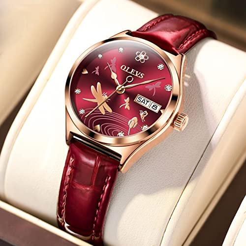 MDYH PTTCC TTCYKK Dragonfly Dual Calendar Mechanische Damenuhr (Color : Wine Red)