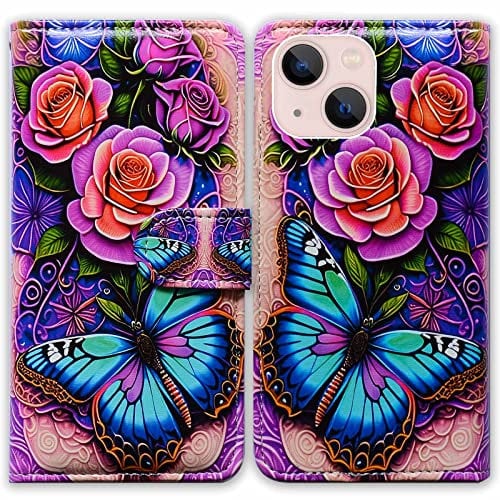 Bcov iPhone 14 Case,Blue Butterfly Flowers Rose Leather Flip Phone Case Wallet Cover with Card Slot Holder Kickstand for iPhone 14