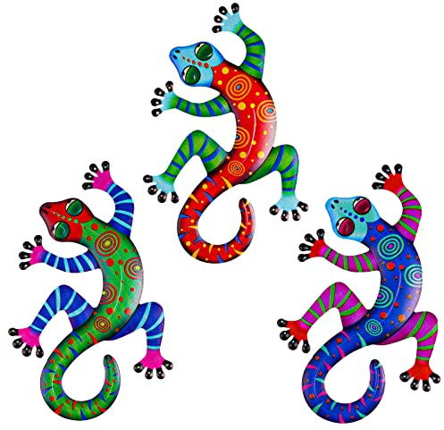 OFFCUP Metall-Gecko-Wanddekoration, 3pcs Eidechse Kunst Wand, Eidechse Kunst-Ornament, Eidechse Kunstharz, Eidechse Metall-Wandkunst für Garten, Veranda, Terrasse, Rasen, Zaun, Wand