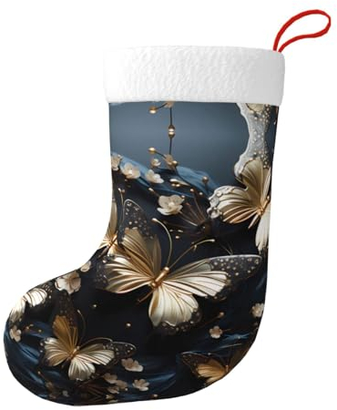 BROLEO Gold Weiß Schmetterlinge Schwarz Prints Weihnachtsstrümpfe - Weich, Leicht Geeignet für Christbaumschmuck