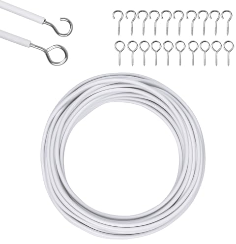 10M Bianco Filo per Tenda, Corde Bianca Cavo per Tende con 10 Golfari e 10 Ganci a Vite Filo e Gancio per Tende Corda Multiuso in Voile Curtain Wire Occhielli per Tendere Panni o Bastone