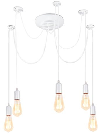 iDEGU Retro-Kronleuchter, 5 Arme, Hängeleuchte, DIY, kreativ, Deckenleuchte, Spinne, verstellbar, 150 cm, Vintage, Deckenlampe mit E27-Fassung für Esszimmer (weiß, 5 Lichter)