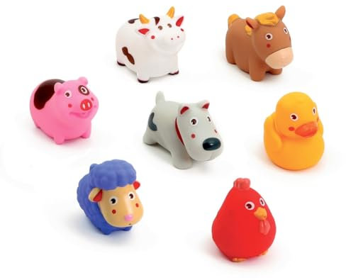 LUDI – Aspergadores de baño para bebé, 7 Animales de Granja flotantes – Juguetes Coloridos + función de rociador – Seguro y Resistente – Tarro de Almacenamiento Incluido – 100% PVC, sin ftalatos – a