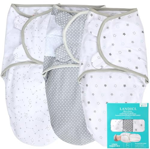 LANDICI Baby-Wickeldecke für 0–3 Monate Neugeborene, 100 % atmungsaktive Bio-Baumwolle, Schlafsack, Pucksack für Baby Jungen und Mädchen, Baby Essentials Swaddle Up Bag mit einfachem Wechsel, 3er-Pack