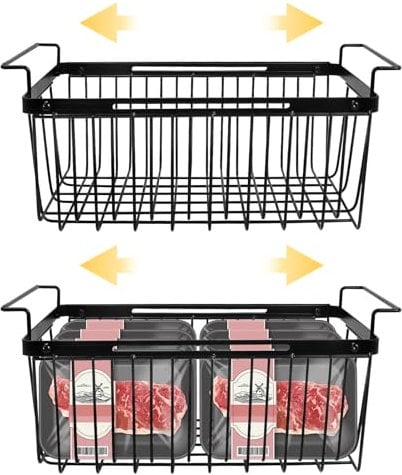 Upgraded Freezer Storage Boxes, 2 Pack Extendable Drawers, Universal Hanging Baskets with Handles for Chest Freezer, Easier to Take, Add Space, Fridge Organisers Containers for Kitchen