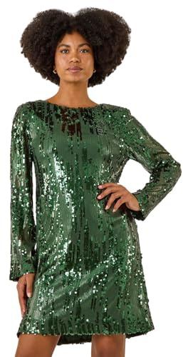 Roman Originals Sequin Shift Stretch Dress for Women UK - Ladies Everyday Autumn Winter Round Neckline Comfy Soft Evening Vacation Work Party Night Out - Green - Size 14