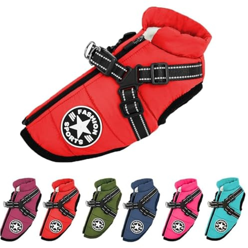 Pawbibi Dog Coat Waterproof Winter, Pawbibi Sport Waterproof Windproof Jacket with Built-In Harness Reflective & Adjustable Warm Coats Dogs (red, M)