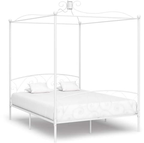 YuuSsea Cadre de lit à baldaquin en métal blanc 180 x 200 cm, robuste avec sommier à lattes, meuble élégant pour chambre à coucher pour rideau ou moustiquaire