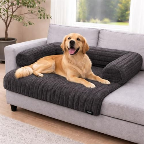 Soodie&Zuzu's Sofa Pet Bed Cord, Waterproof Dog Bed with Raised Sides, Non-Slip Base, Soft Ribbed Plush Pet Cushion for Dogs & Cats - Charcoal, 75 x 75 x 13 cm