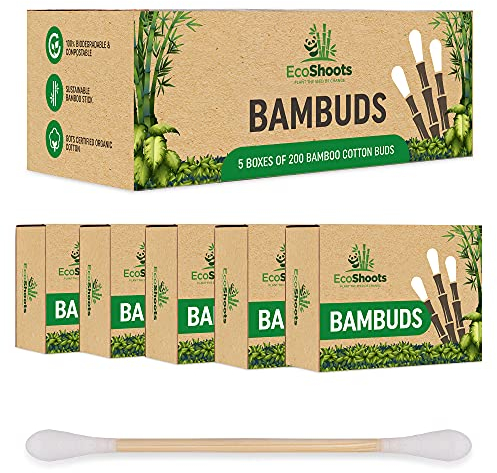 EcoShoots Bamboo Cotton Buds - 1000 Organic Cotton Wool Buds Q Tips - Biodegradable Cotton Ear Buds & Compostable Bamboo Earbuds - Recycled Plastic Free Packaging - GOTS Certified Ear Buds Cotton