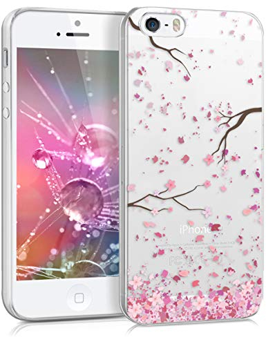 kwmobile Custodia Compatibile con Apple iPhone SE (1.Gen 2016) / iPhone 5 / iPhone 5S - Cover Silicone TPU - Protezione Back Case - Pioggia di petali rosa/marrone scuro/trasparente