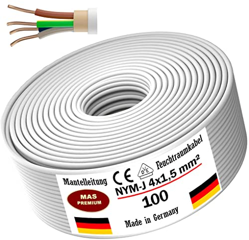 MAS-Premium Feuchtraumkabel Stromkabel von 5m bis 100m Mantelleitung NYM-J 4x1,5 mm² Elektrokabel Ring für feste Verlegung (100 m)