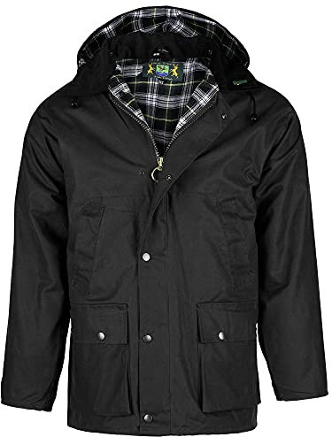 Romneys Wachsjacke Country – klassische englische Outdoorjacke aus gewachster Baumwolle, wasserdicht & winddicht, robuste Regenjacke mit Kapuze für Damen und Herren (schwarz, 4XL)