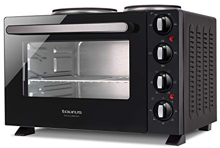 Taurus Electrifying Volcan - Four électrique avec plaques de cuisson 1500W, four à convection, 2 plaques de 185 et 155 mm de diamètre, four 33L, minuterie, 6 modes, 100-230º, 505x410x346mm