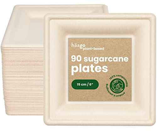 HAAGO 90 Zuckerrohr Einwegteller - wie Papierteller, Alternative zu Plastiktellern - Quadratisch Partyteller - Home Kompostierbar - Einmalteller für BBQ's Picknicks & Mehr - 15cm/6