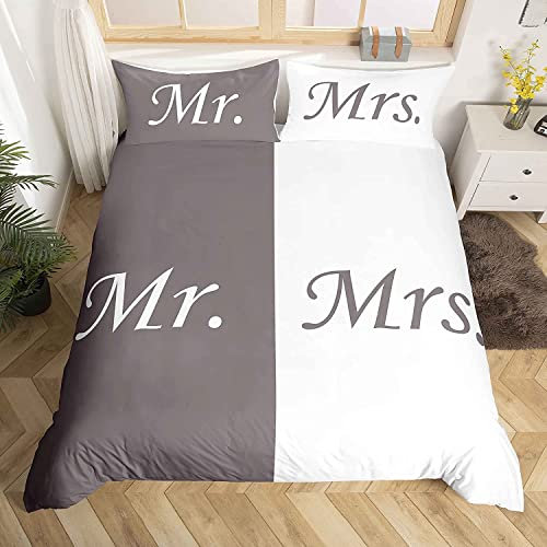 Mr Mrs Bettbezug-Set, romantisches Bettwäsche-Set für Liebespaare, Valentinstag, Bettwäsche und Leinen, ultraweich, grau-weiß, kreativer Kingsize-Reißverschluss