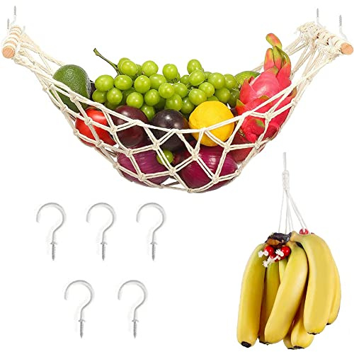 ANPTGHT Obsthängematte – Makramee-Hängematte zum Aufhängen von Obst, Gemüse, Hängematte unter dem Schrank, Makramee, Obstnetz mit Bananen-Makramee-Aufhängern und 5 Haken