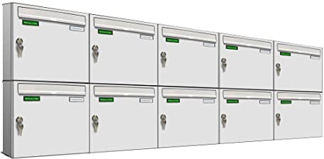 AL Briefkastensysteme Basic 10er Briefkasten RAL 9016 Verkehrs Weiss 10 Fach DIN A4 wetterfest Briefkastenanlage mit Posthaltebügel und 2 Namensschildern