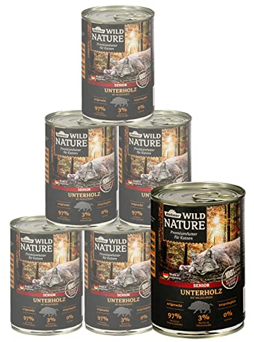 Dehner Wild Nature Katzenfutter Unterholz, Nassfutter getreidefrei / zuckerfrei, für ältere Katzen, Wildschwein, 6 x 400 g Dose, (2.4 kg)