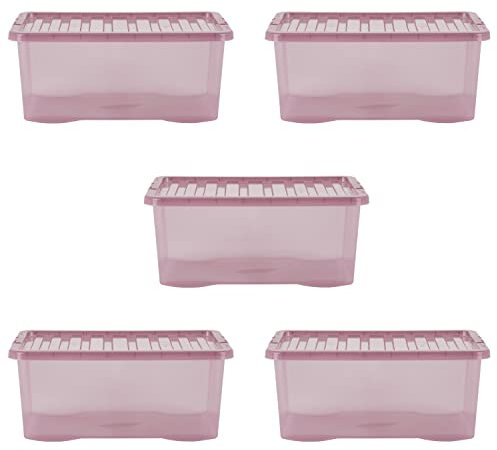Wham Crystal 5 x 45L Stackable Plastic Storage Boxes with Lids | Ideal for Home, Office, Toys & More | Large Boxes | Made in UK - Dusky Orchid