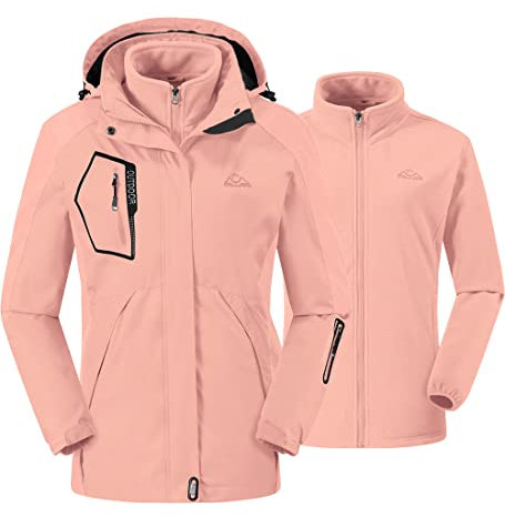 donhobo Damen Jacken 3-in-1 Fleece Gefüttert Winterjacke Winddicht Warm Verdickte Softshelljacke Wasserdicht Outdoor Wanderjacke Funktionsjacke Pink XS