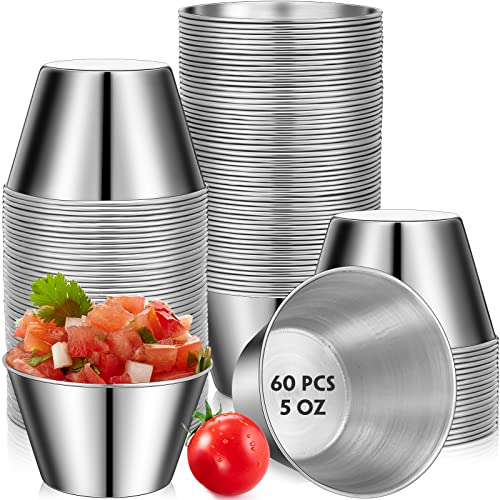 60 Pcs Stainless Steel Sauce Cups Bulk, Metal Ramekins Dipping Sauce Cups Condiment Cups Bowls Reusable Stackable Round Individual Dipping Bowls Containers for Kitchen Restaurant